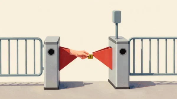 A hand holding a brass pass token to a locked iron turnstile between two sections of an empty stadium.