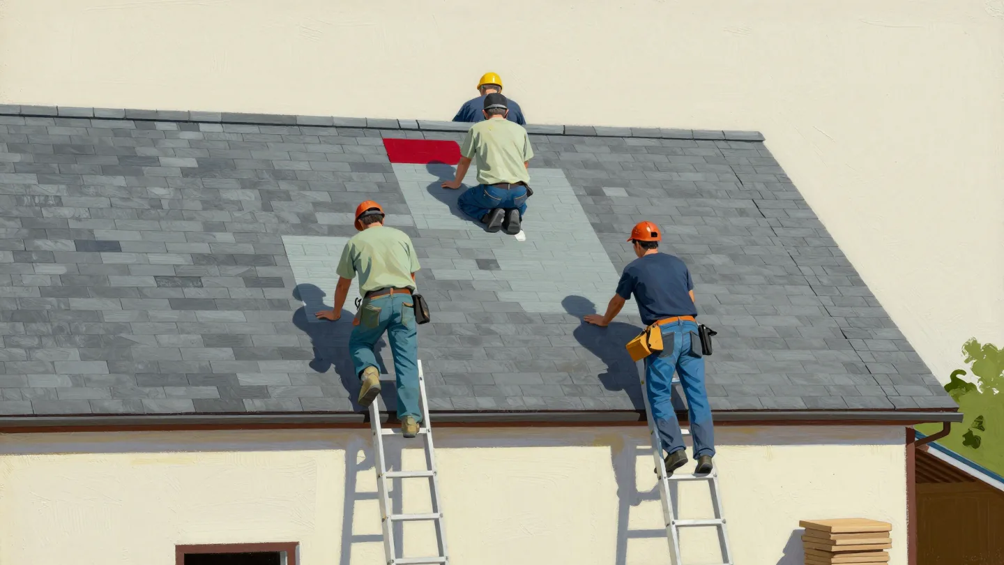 Roof workers seen from behind working on separate sections of a roof