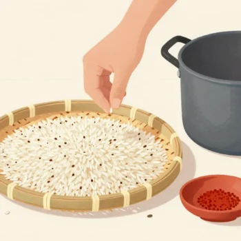 A hand picking a small stone out of a tray of raw rice, the empty cooking pot waiting beside it.