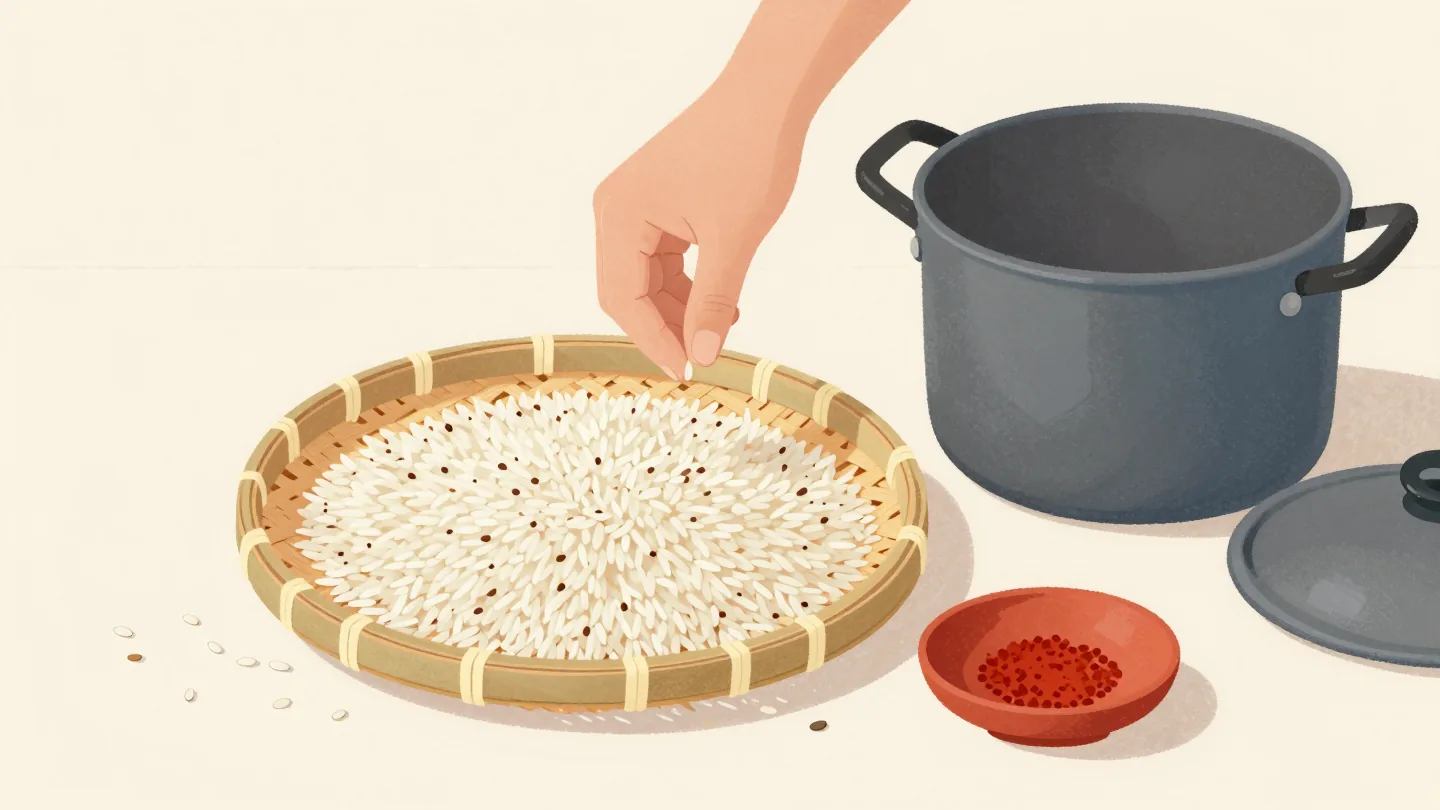 A hand picking a small stone out of a tray of raw rice, the empty cooking pot waiting beside it.