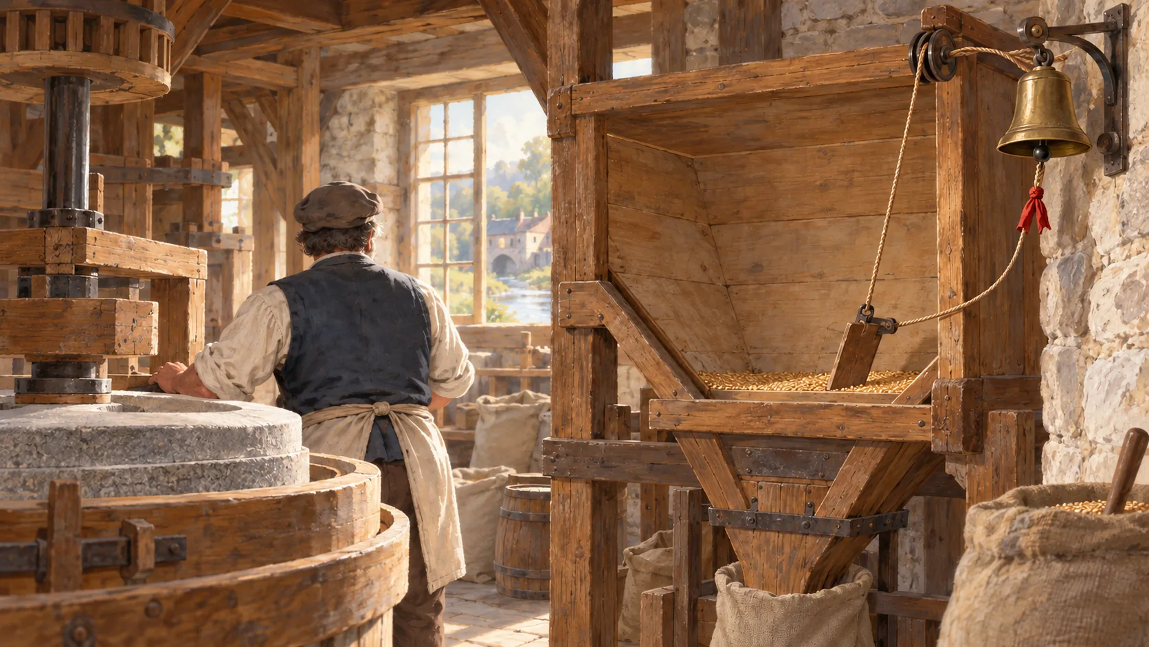 A nearly empty grain hopper pulls a warning bell while a miller works on another task
