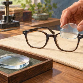 A craftsperson chooses a suitable lens for a pair of glasses