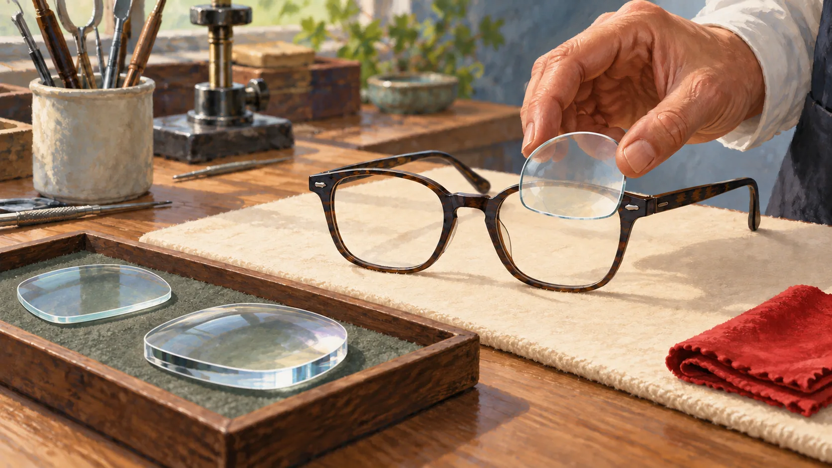 A craftsperson chooses a suitable lens for a pair of glasses