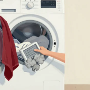 A hand pulling a lint filter packed thick with grey fluff from a tumble dryer full of damp towels.