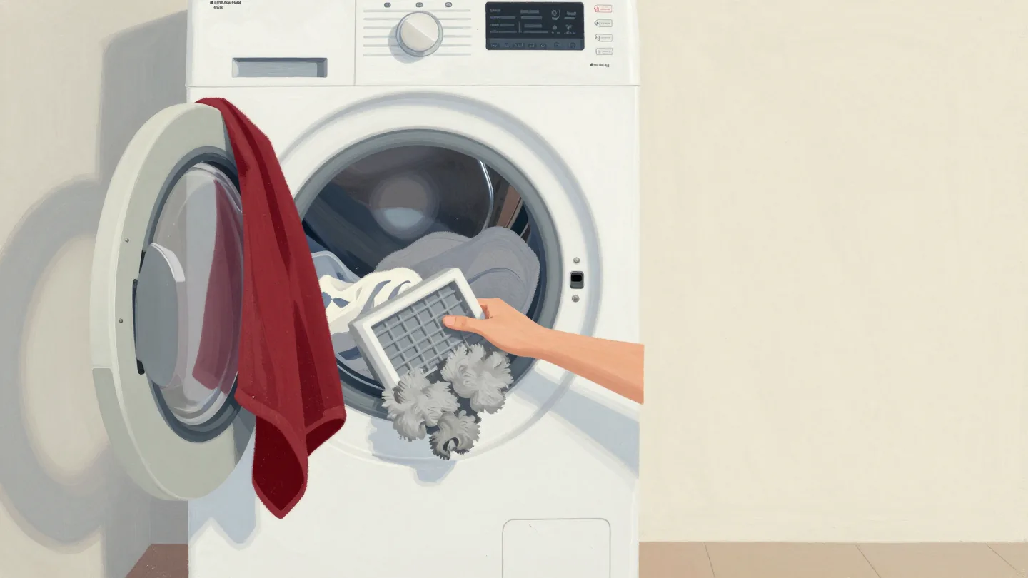 A hand pulling a lint filter packed thick with grey fluff from a tumble dryer full of damp towels.