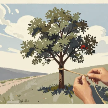 A fruit tree tended by hand in an open landscape