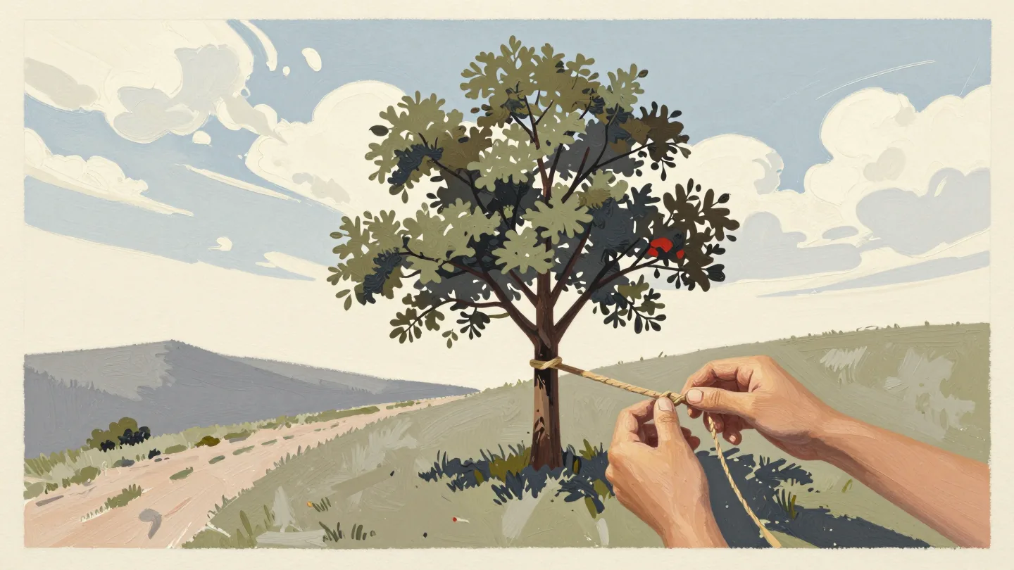 A fruit tree tended by hand in an open landscape
