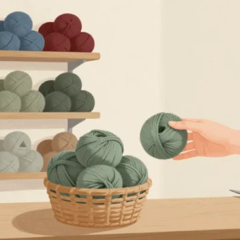 A hand comparing a skein of green wool with one basket of green yarns in a shop full of colors