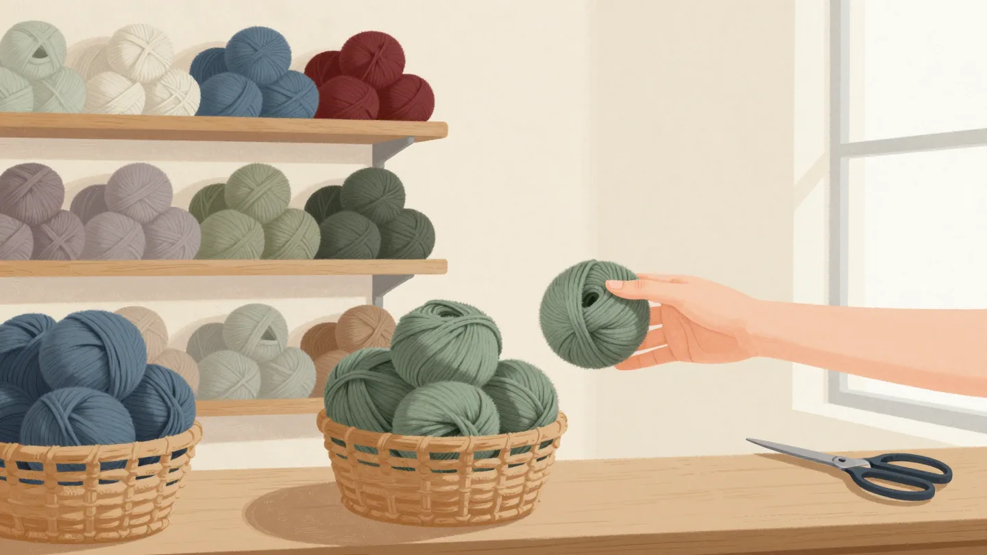 A hand comparing a skein of green wool with one basket of green yarns in a shop full of colors