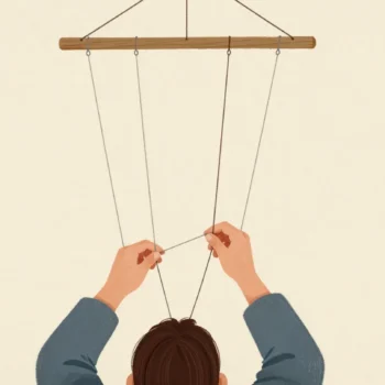 A puppeteer's hands gathering a marionette's loose strings onto one wooden control bar