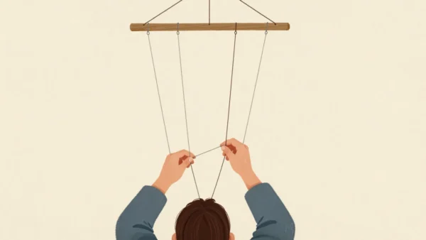 A puppeteer's hands gathering a marionette's loose strings onto one wooden control bar