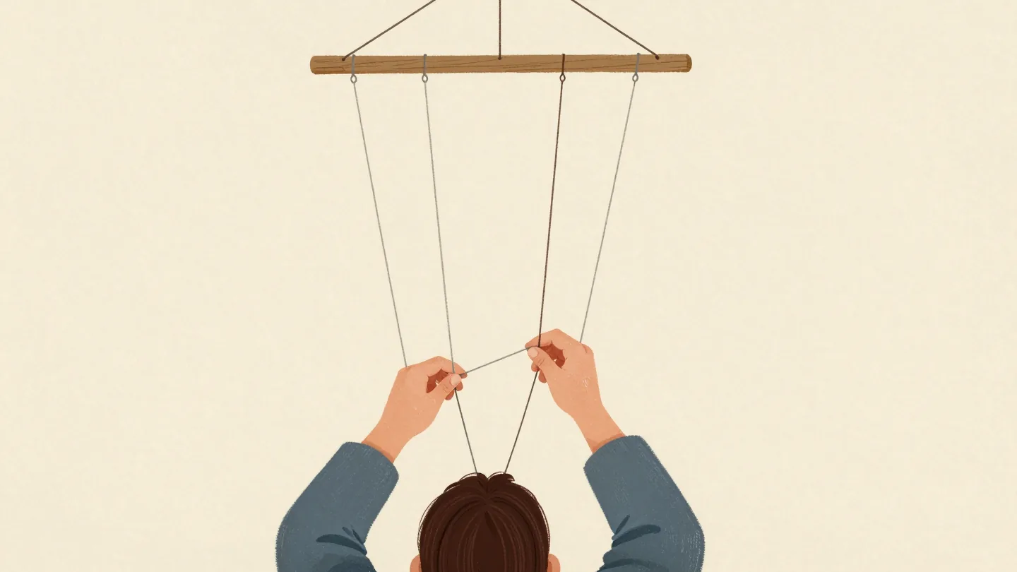 A puppeteer's hands gathering a marionette's loose strings onto one wooden control bar