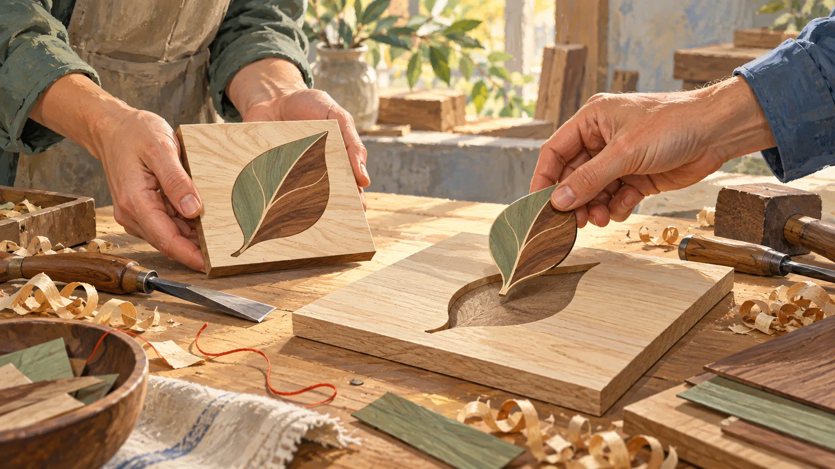 Two makers compare a finished leaf inlay sample with a matching piece and recess