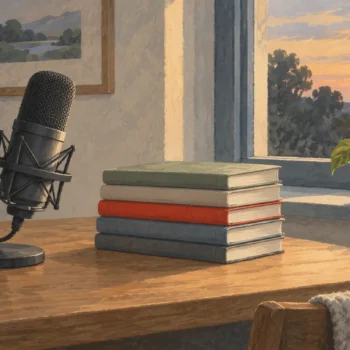 Gouache painting of a microphone on a wooden desk by a window beside a tall stack of notebooks, one of them vermilion, and a potted plant.