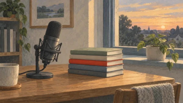 Gouache painting of a microphone on a wooden desk by a window beside a tall stack of notebooks, one of them vermilion, and a potted plant.