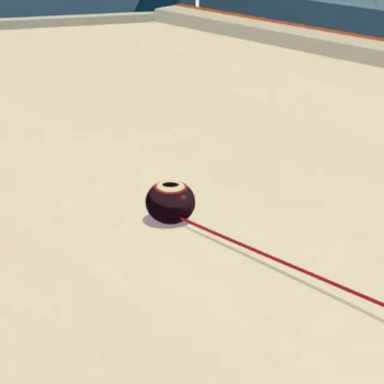 A lawn bowls green with the jack in place, a bowl rolling toward it and a hand holding a measuring string.