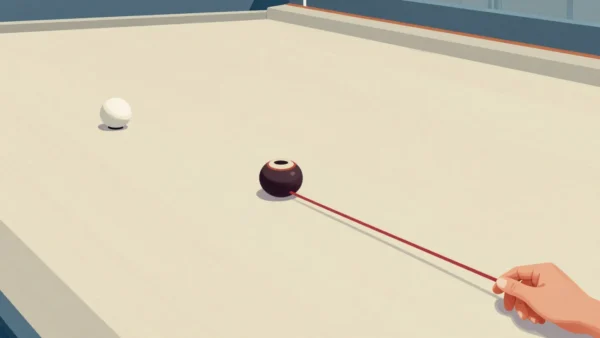 A lawn bowls green with the jack in place, a bowl rolling toward it and a hand holding a measuring string.
