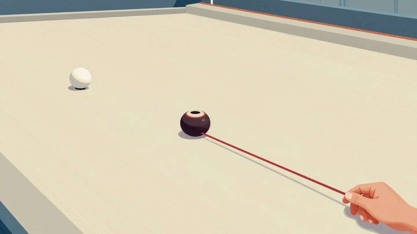 A lawn bowls green with the jack in place, a bowl rolling toward it and a hand holding a measuring string.