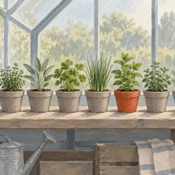 Gouache painting of ten small terracotta pots of young herbs in a row on a potting bench, one pot vermilion.