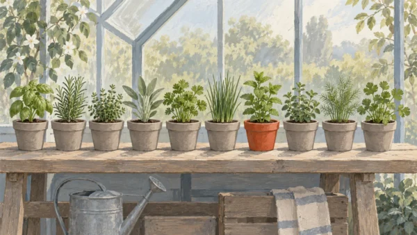 Gouache painting of ten small terracotta pots of young herbs in a row on a potting bench, one pot vermilion.