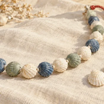 A shell bead necklace with repeated shell colors beside one specimen of each color