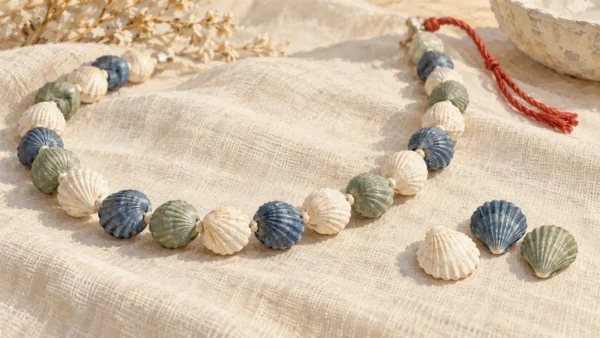 A shell bead necklace with repeated shell colors beside one specimen of each color