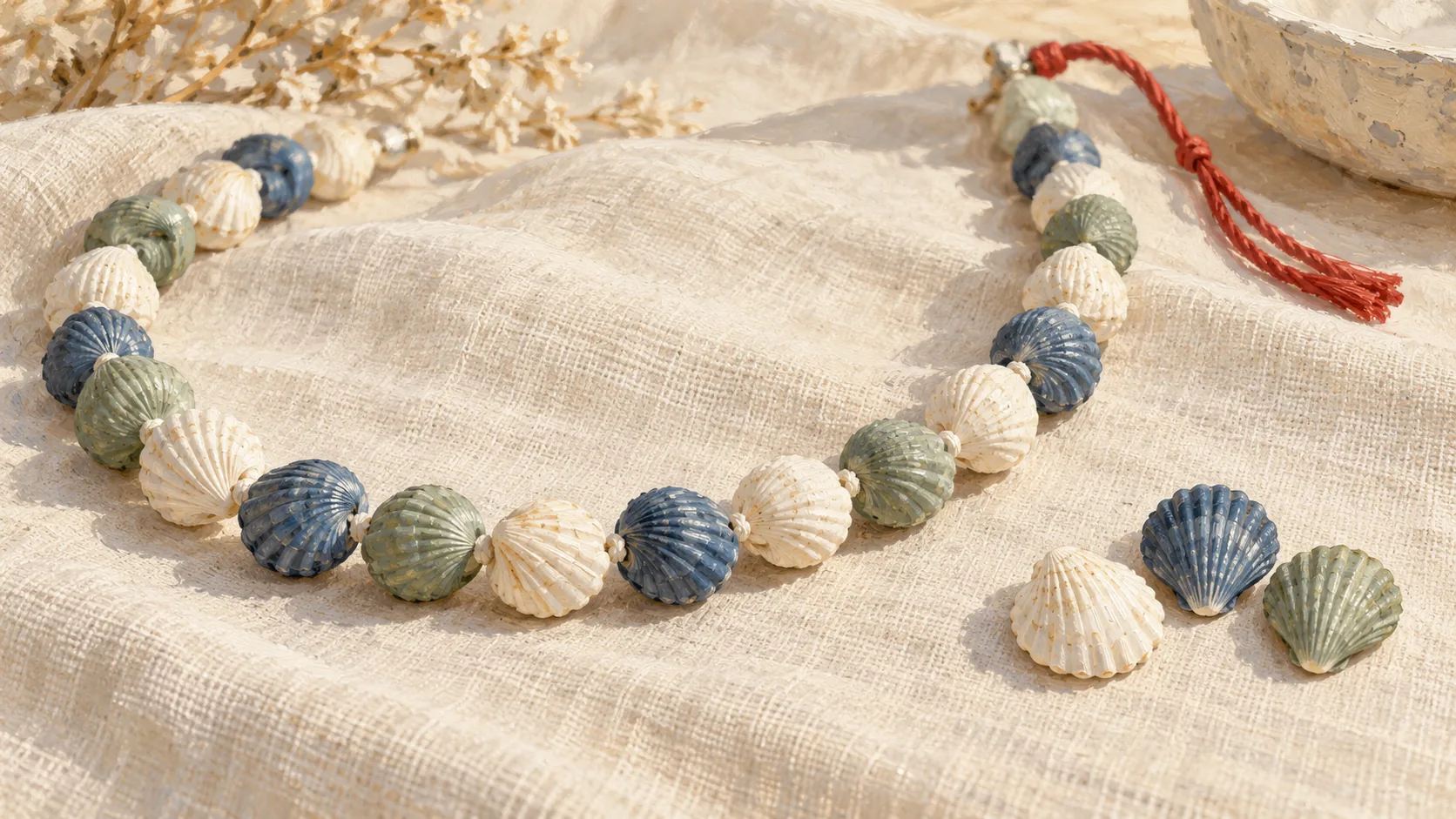 A shell bead necklace with repeated shell colors beside one specimen of each color