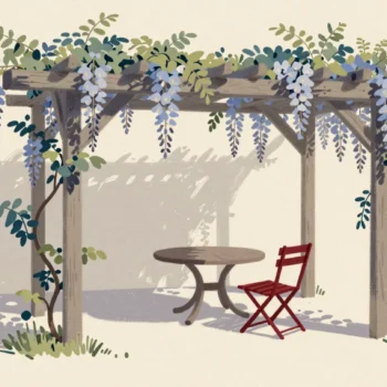 A wisteria-covered pergola shading a garden table, a newly added chair already sitting in its shade.