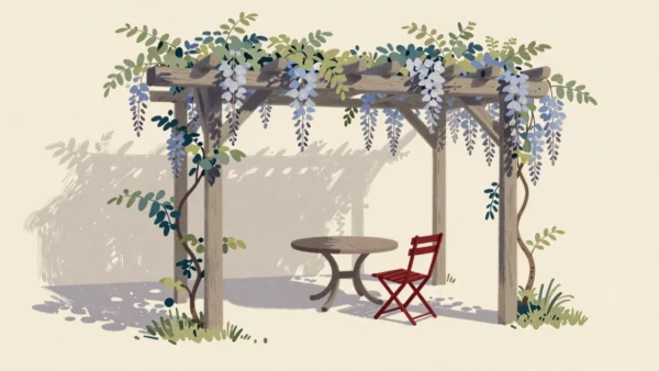 A wisteria-covered pergola shading a garden table, a newly added chair already sitting in its shade.