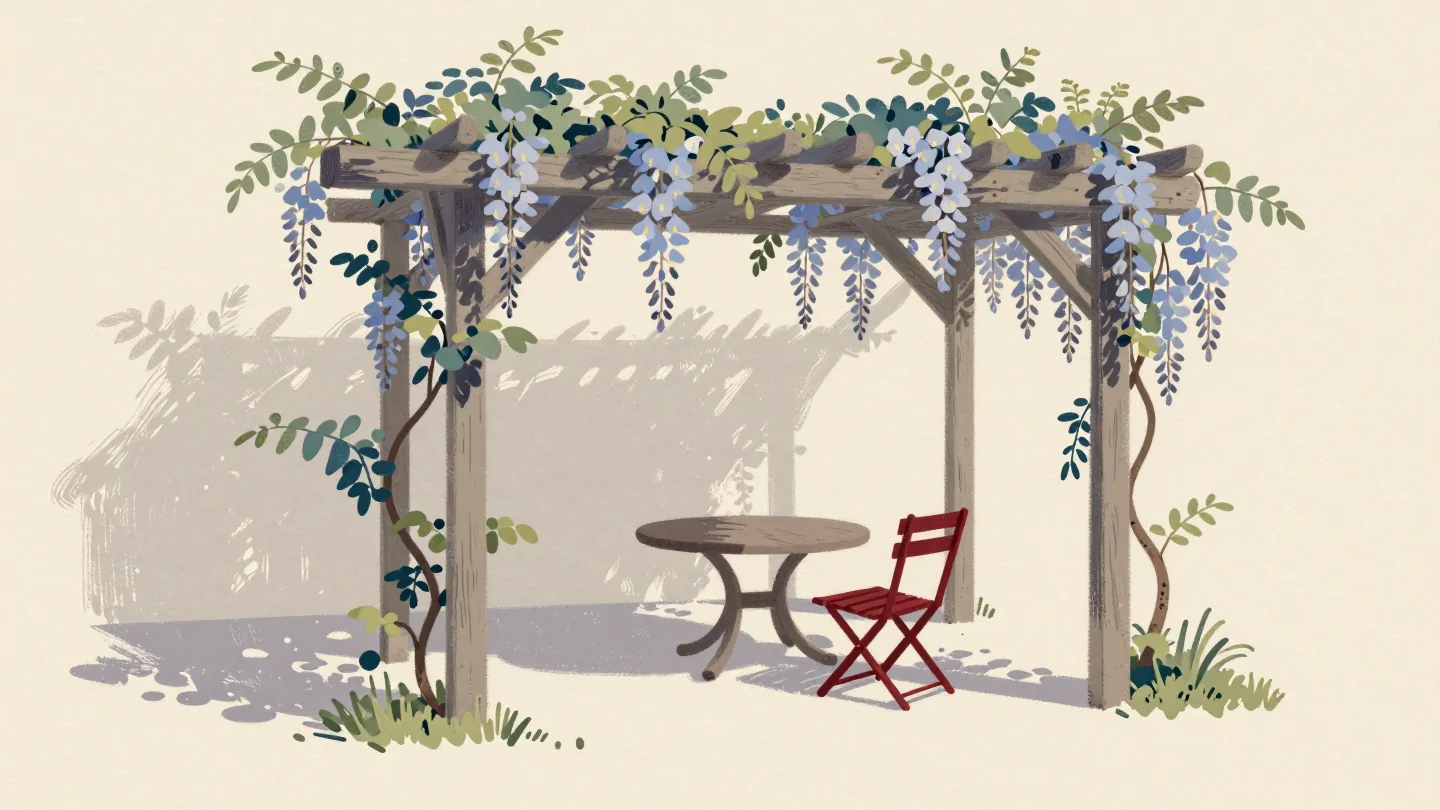 A wisteria-covered pergola shading a garden table, a newly added chair already sitting in its shade.