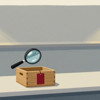 Gouache painting: a tea shop counter where one small wooden crate is checked twice: once close up under a magnifying lens, and once from across the room on a wide shelf; the crate's tag is vermilion