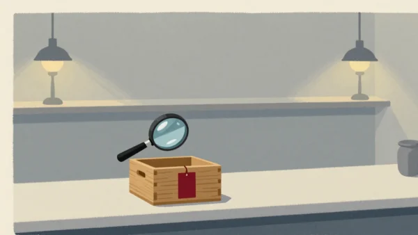 Gouache painting: a tea shop counter where one small wooden crate is checked twice: once close up under a magnifying lens, and once from across the room on a wide shelf; the crate's tag is vermilion