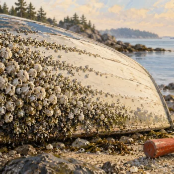 A barnacle colony spreading across a dinghy hull with a finite strip of bare wood remaining