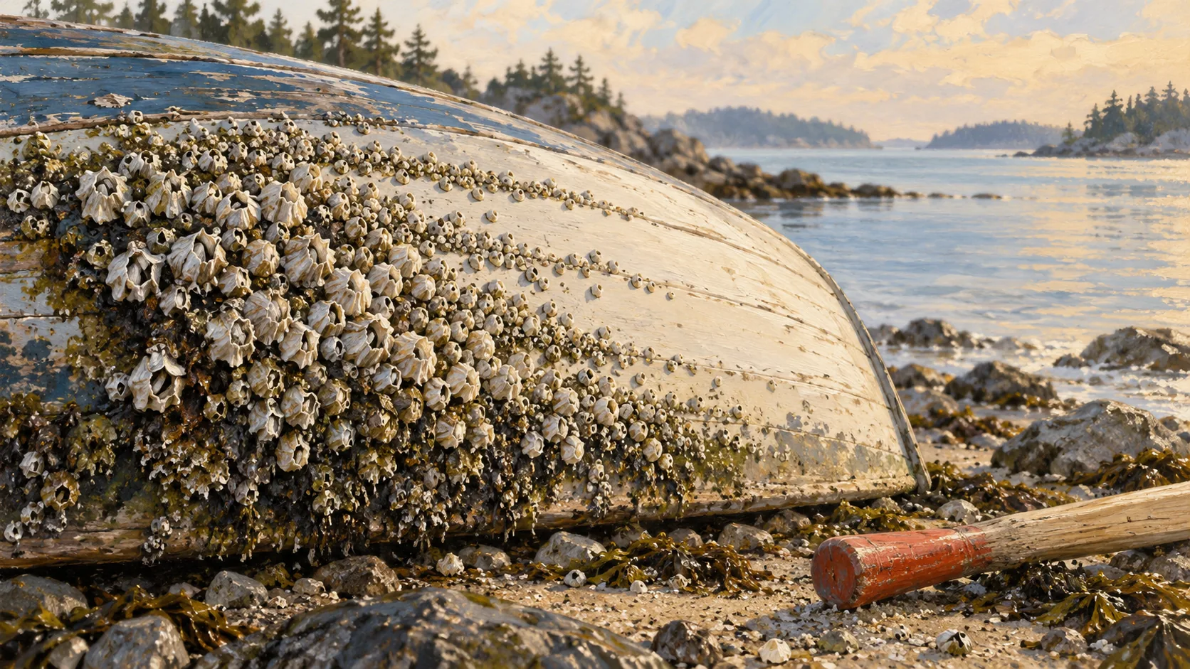 A barnacle colony spreading across a dinghy hull with a finite strip of bare wood remaining