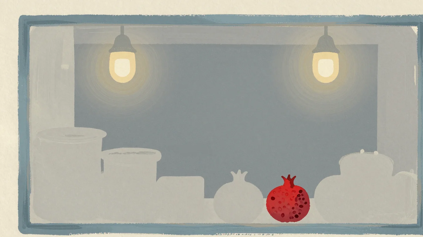 Gouache painting: a frosted-glass window over a market stall, fruit shapes blurred behind it, one vermilion pomegranate seen sharp and clear
