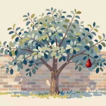 A pear tree trained flat against a brick wall, a finger tracing one branch from the trunk to a single pear.
