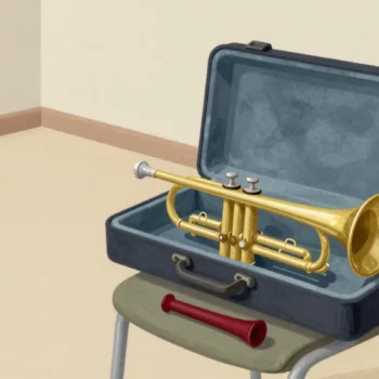 A brass trumpet in an open case with a mute fitted in its bell, a vermilion mute lying beside it.