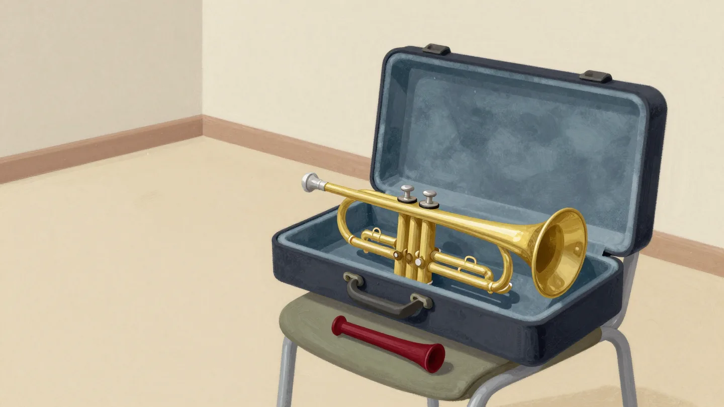 A brass trumpet in an open case with a mute fitted in its bell, a vermilion mute lying beside it.