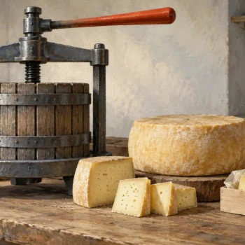 A cheese press holding differently sized portions beside equivalent weighed pieces