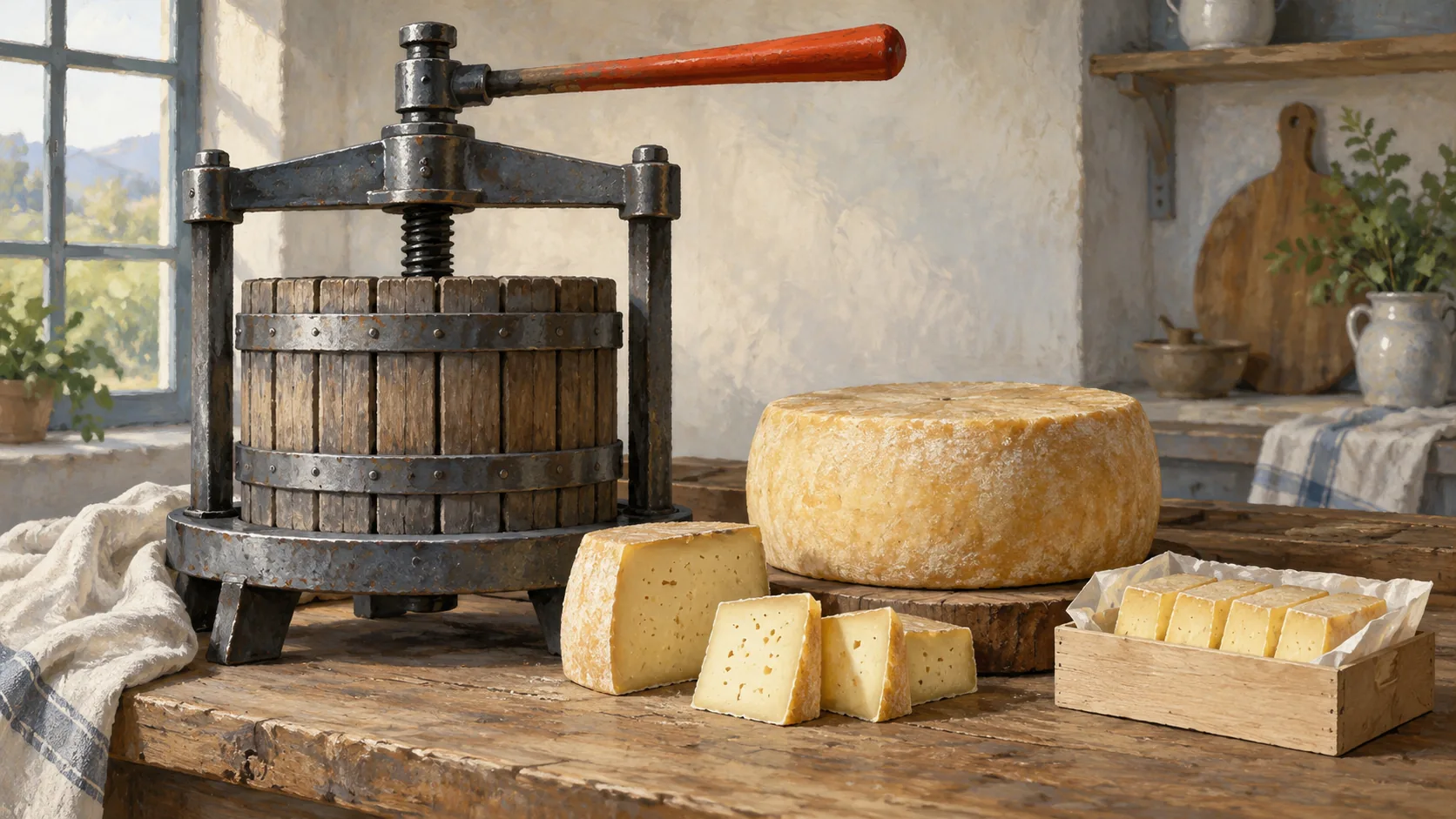 A cheese press holding differently sized portions beside equivalent weighed pieces