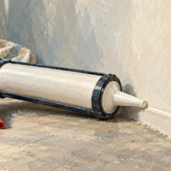 A caulking gun with a stuck cartridge holding up the work at its nozzle