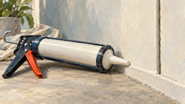 A caulking gun with a stuck cartridge holding up the work at its nozzle