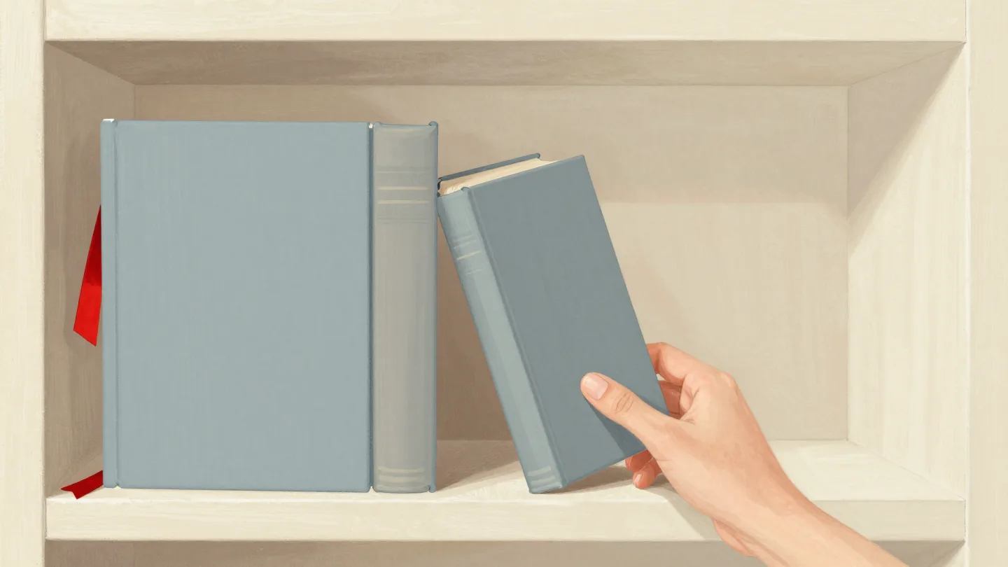 A large and a small copy of the same book on a library shelf, a hand sliding the small one back out.