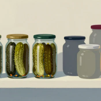 Gouache painting: a pantry shelf with three neat, well-filled jars of pickled gherkins on the left and six cluttered, overfilled jars on the right; one jar lid is vermilion
