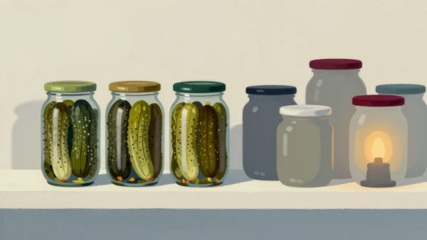 Gouache painting: a pantry shelf with three neat, well-filled jars of pickled gherkins on the left and six cluttered, overfilled jars on the right; one jar lid is vermilion