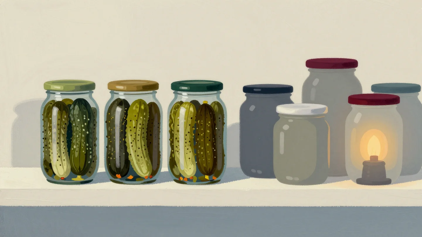 Gouache painting: a pantry shelf with three neat, well-filled jars of pickled gherkins on the left and six cluttered, overfilled jars on the right; one jar lid is vermilion