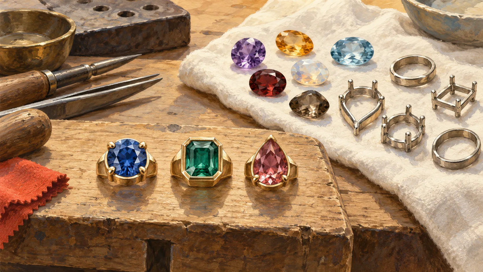 Three gemstones fit their individual settings while loose stones remain apart