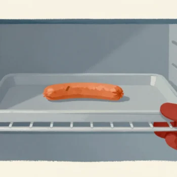 A huge roasting tray in an open oven holding one small sausage in the middle.
