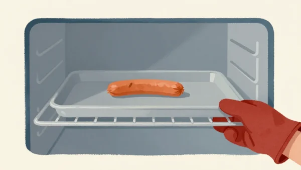 A huge roasting tray in an open oven holding one small sausage in the middle.