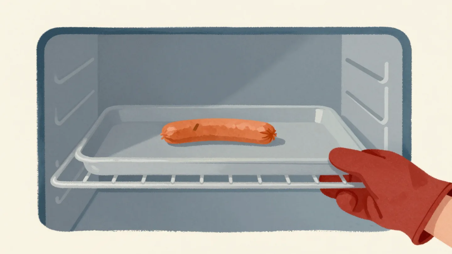 A huge roasting tray in an open oven holding one small sausage in the middle.
